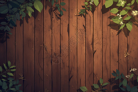 木墙背景木墙上挂着绿叶插画