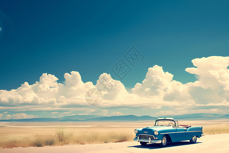 经典奶茶沙漠中的蓝色经典车插画