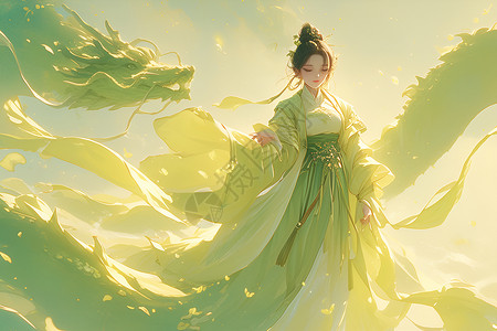 韩国传统服饰少女身着绿色汉服插画