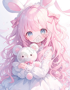 白粉色可爱少女与小熊插画