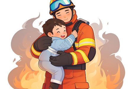卡通烟雾雾气勇救孩子的消防员插画