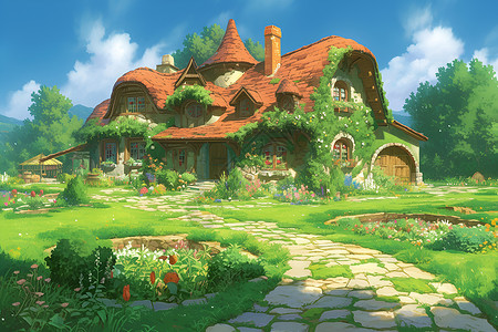 古镇美景迷人房屋与绿色草坪插画