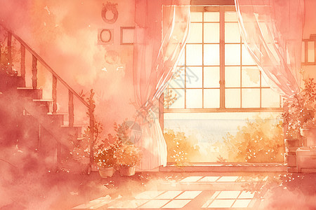 粉色水彩室内景观背景图片