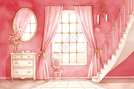 墙壁装修粉色的家居装修插画