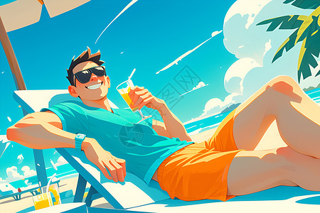 炎热夏天男子轻松度假的男子插画