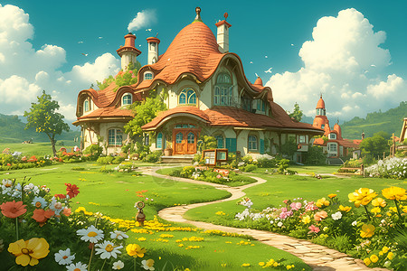 房子自然花海中的仙境小屋插画