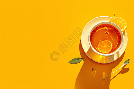 菊花柠檬茶黄色桌子上放着一杯柠檬茶插画