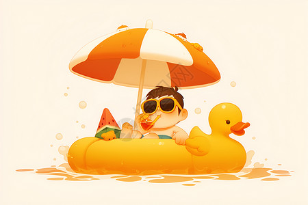 游泳镜图片坐在游泳圈上避暑的小男孩插画