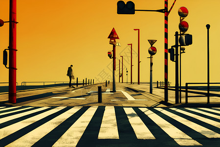 十字交叉路口标志夕阳下的斑马线街景插画