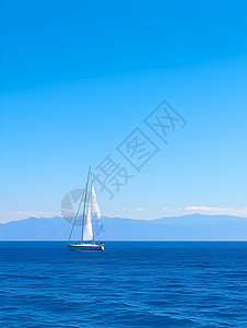海浪小船远山背景下的帆船插画