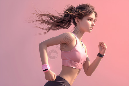 运动的女孩粉色背景下奔跑的女孩插画