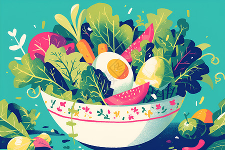 新鲜青菜蔬菜沙拉里面的鸡蛋插画