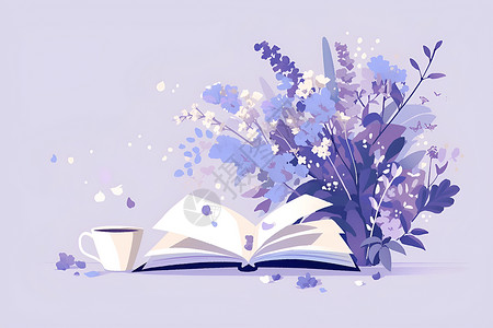 杯子书本和花朵背景图片