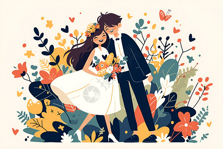 新娘手捧鲜花花海中的新婚夫妻插画