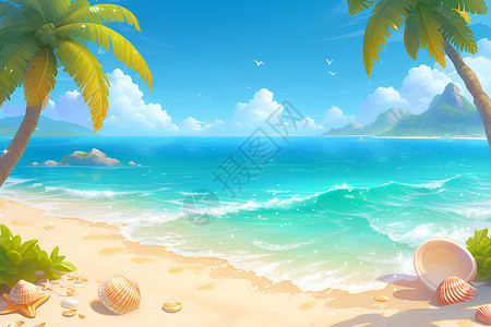 沙滩风景边框夏日沙滩美景插画