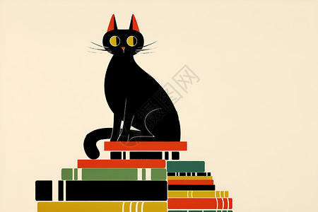 傲立群雄傲立在彩色书堆之上的小黑猫插画