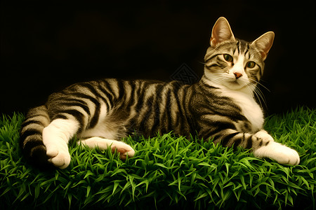 静卧绿草间美国短毛猫高清图片