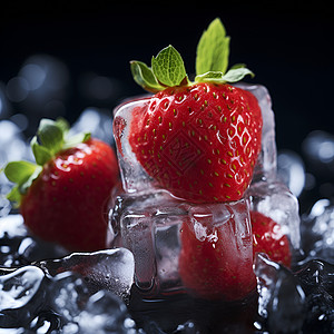 冰冻草莓冰上的草莓背景