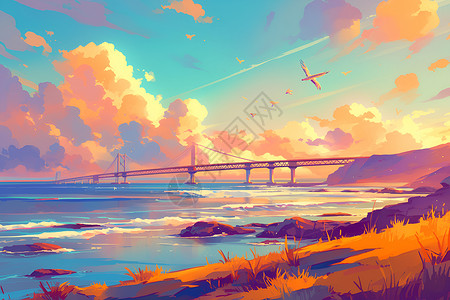 海滩日海上日落下的桥梁插画