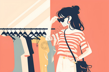 年轻女性购物时尚女郎在逛街插画