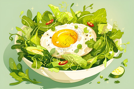 新鲜蛋五彩斑斓的蔬菜沙拉碗蛋顶上绿叶环绕插画