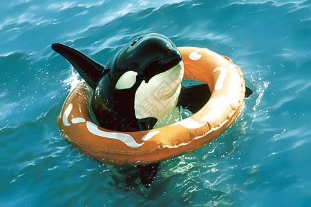 夹缝求生救生圈上的海豚插画