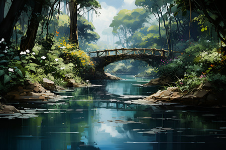 峡谷瀑布漂亮的桥梁插画