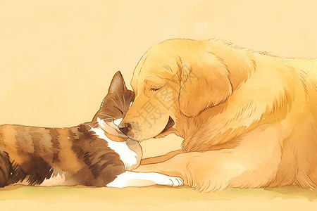 褐色卡通小猫依偎在一起的动物插画
