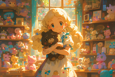 玩具店抱着玩具熊的女孩插画