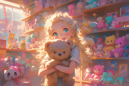 玩具店小女孩与泰迪熊插画