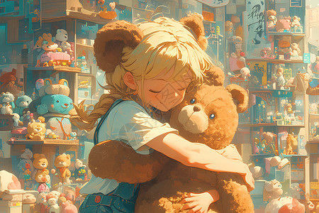 玩具店抱着泰迪熊的女孩插画
