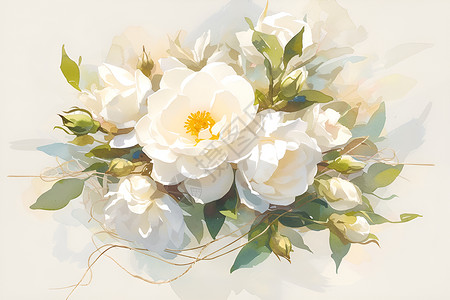 盛开花束白色的花卉插画