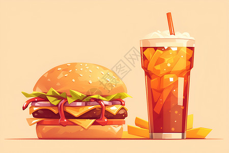 小吃饮料汉堡与饮料的卡通插图插画