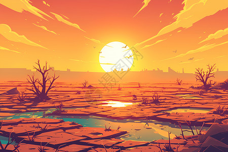 裂开背景日落中的荒漠插画