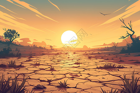 阳光下的美景夕阳下的沙漠美景插画