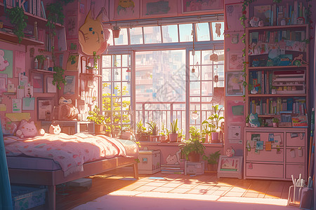 美式风格卧室粉色动漫风格的卧室插画