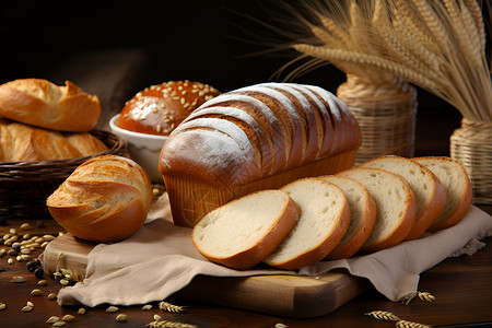木桌上的面包食物图片