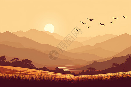 英国夕阳夕阳时的群山风景插画