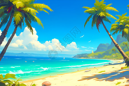 椰棕椰树下的沙滩插画
