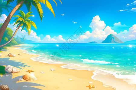 椰树木屋夏日海滩美景插画
