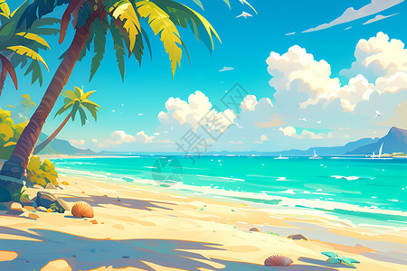 热带景色海洋金色沙滩插画