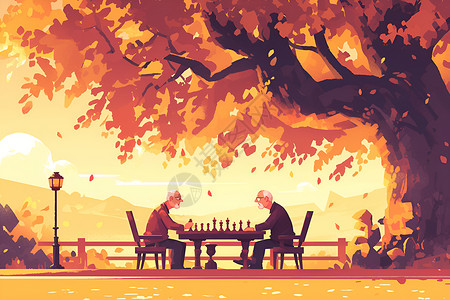 老人浪漫树下下棋的老人插画
