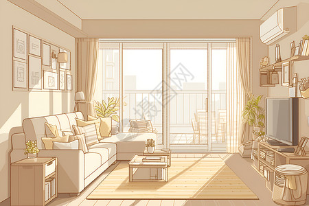 米色沙发阳光照进客厅插画
