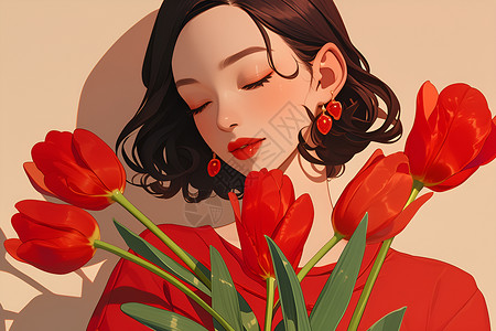 一簇红色花朵红色郁金香和红衣女子插画