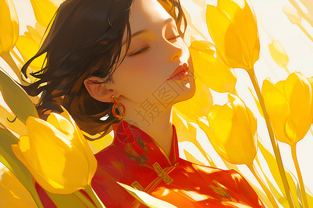 穿旗袍女人黄色花朵中的女孩插画