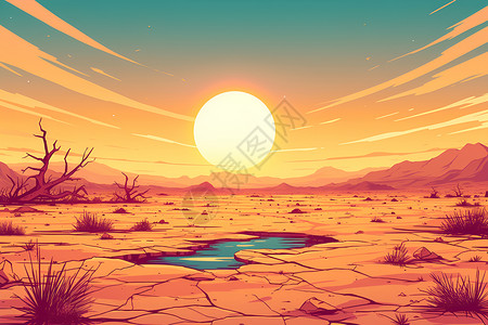 日落下的沙漠湖泊插画