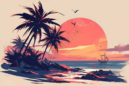 夕阳下的岛屿落日下的海滩插画