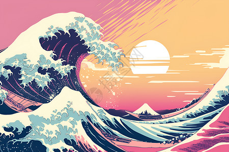 大海巨浪缤纷的巨浪与夕阳插画