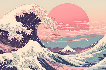 奔腾的大海海浪奔腾夕阳染红天空插画