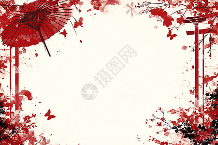 枚红边框红伞下的花海插画